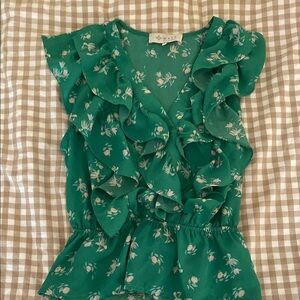 WAYF Green Floral Ruffle Top